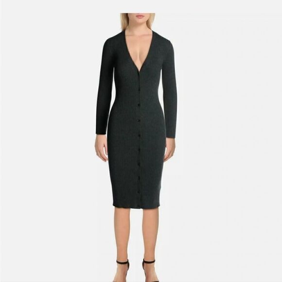 Alice + Olivia Dark Gray Annika Ribbed Long Cardigan Duster Sweater Dress - Picture 4 of 9